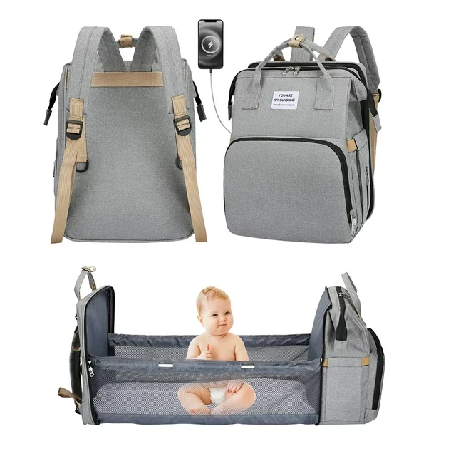 Mom Diaper Bag Backpack, Foldable Baby Bag with USB Charging Port, Large Capacity Baby Diaper Bag, Portable Bassinet for Baby Newborns Waterproof
