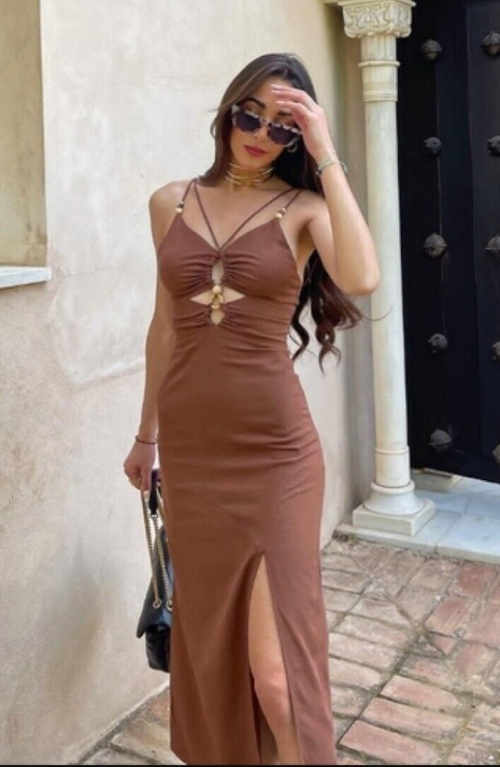 Zara Brown Rustic Beaded Midi Dress Size Small S Strappy Linen Blend Cut Out