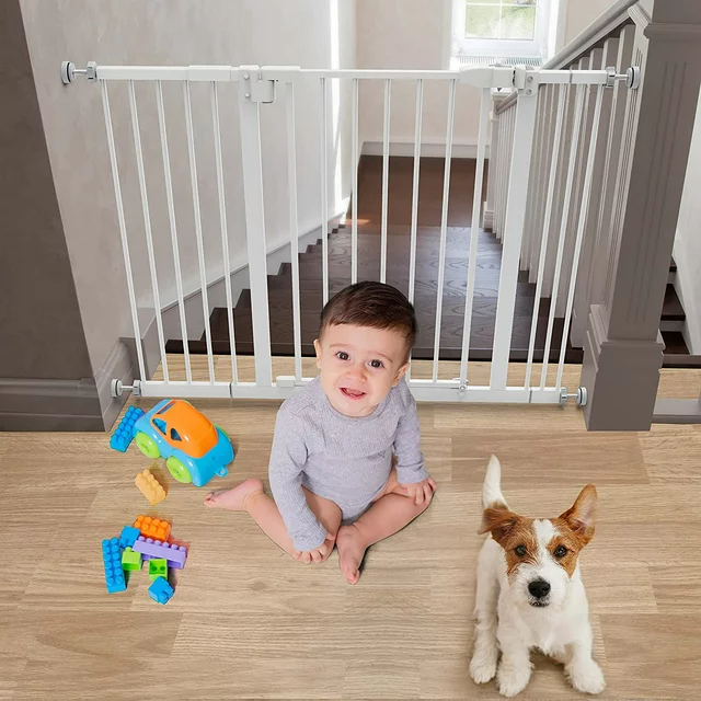 30" Height Baby Gate 29.1" to 39.4" Extra Wide Dog Gate with 2.8/5.5/8.3 inch Extension Kit for Stairs, Hallways, Bedrooms, White