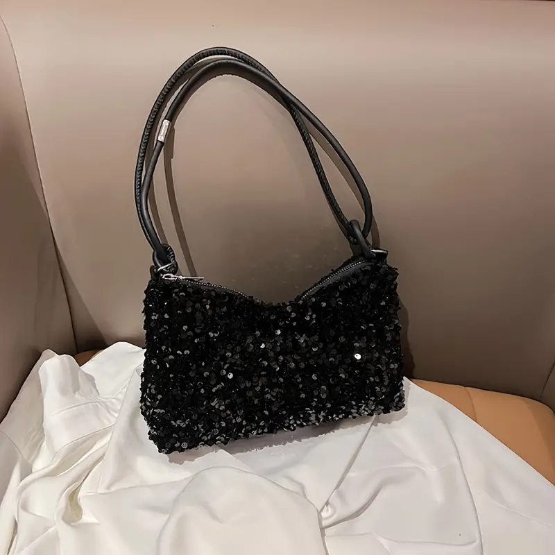 Carnaval Black Sequins Decor Shiny Shoulder Bag, Classic Niche Zipper Underarm Wallet For Women For Music Festival