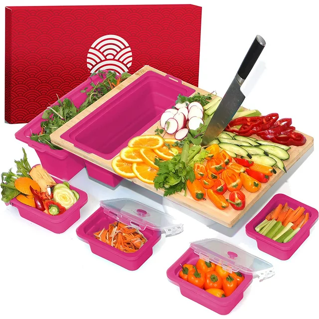 ZENPREP Extra Large Bamboo Cutting Board With Containers (Set Of 9) - Over The Sink Chopping Board With Collapsible Strainers - Meal Prep Station For Meat, Cheese And Vegetable (15x20in)
