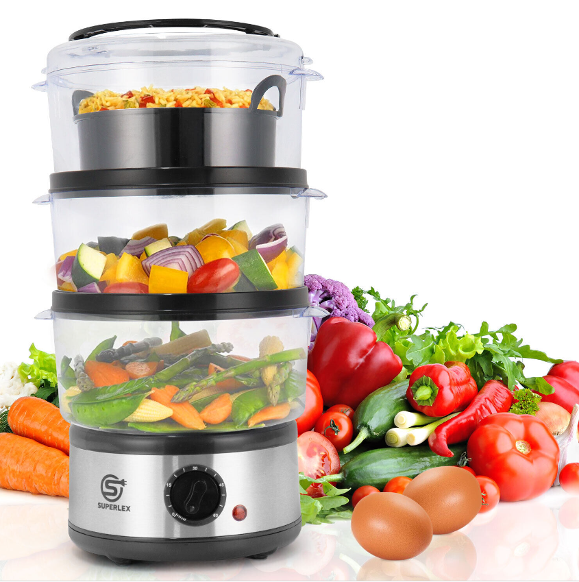 New Electric 3 Tier Food Vegetable Steamer Fish Slow Cooker 7.5L With Rice Bowl